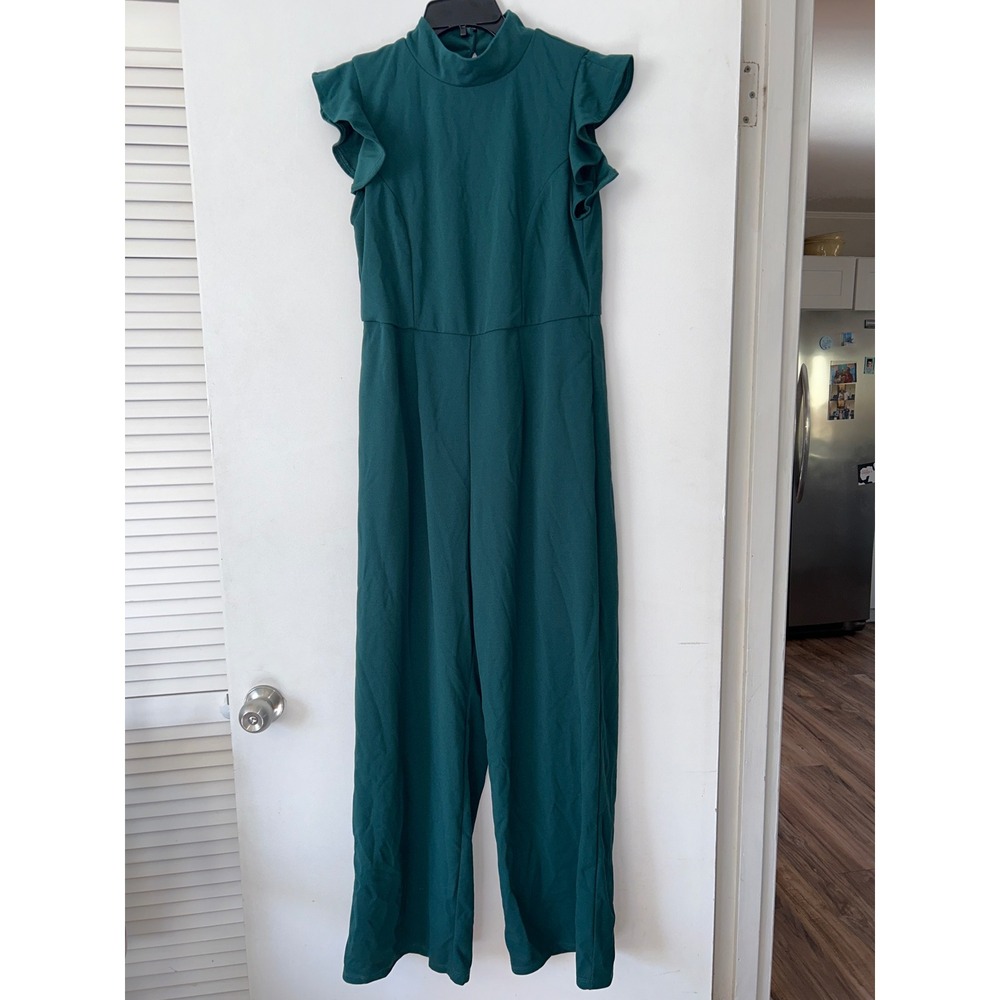 Blue Rain Jumpsuit Mock Neck Flutter‎ Sleeve Wide Leg Green Women's Size L